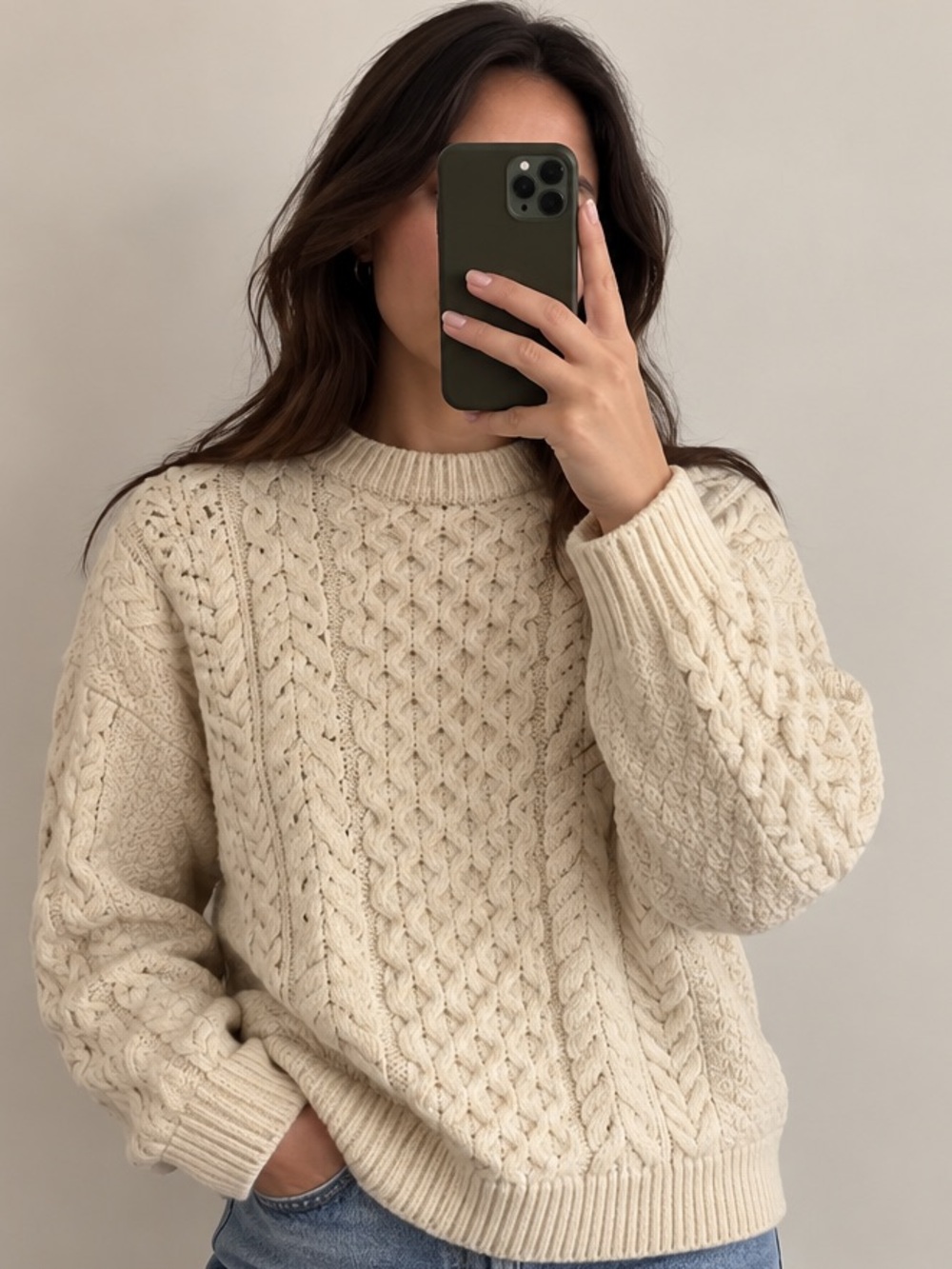 Carraig Donn 100% Pure New Wool Cable Knit Crewneck Sweater - Cream